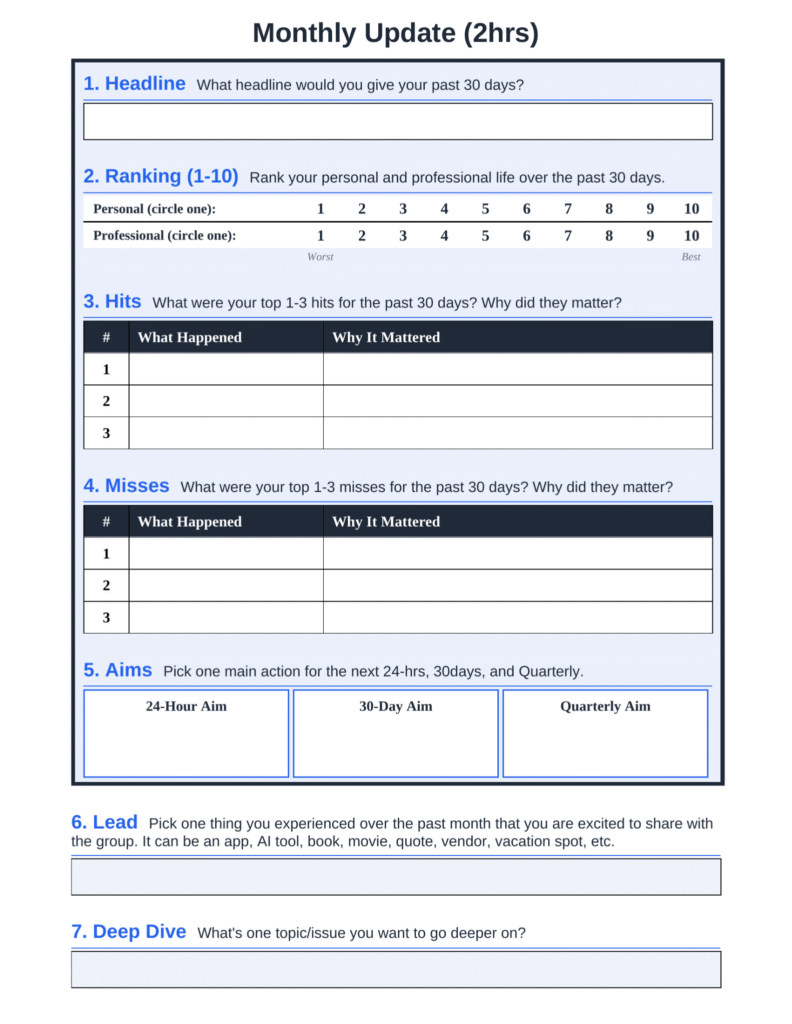 2 hour business only Forum meeting agenda and template for executive peer groups