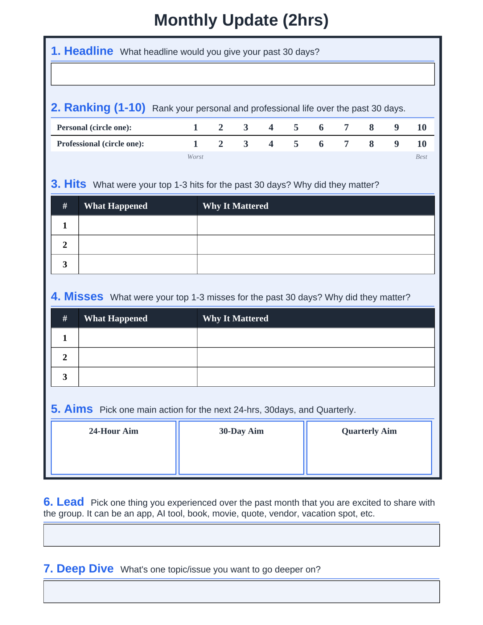 2 hour business only Forum meeting agenda and template for executive peer groups